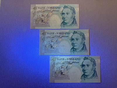《张总收藏》181期-外币精品百拍特别场 英格兰5镑3张 UNC E序列 边缘轻微荧光 全程无47