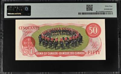 《张总收藏》181期-外币精品百拍特别场 加拿大1975年少见初版50元次高值PMG64 纸币UNC品质，少见Pick#51a，该版设计雕刻配色都很棒
