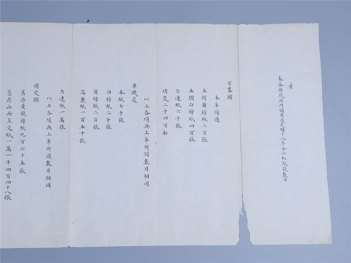承乾2024年秋季文物艺术品拍卖会 清光绪 内务府关于宫廷用纸记录表 纸本折页 123.2*30.2cm