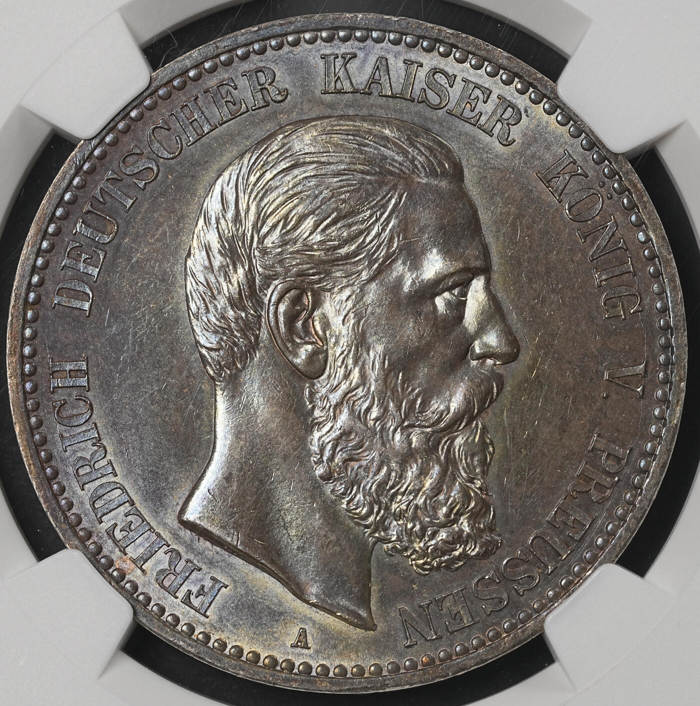 修遠堂世界钱币第五十二期 全场包邮 NGC MS62 1888年普鲁士腓特烈三世5马克大银币 人像面重紫罗兰包浆