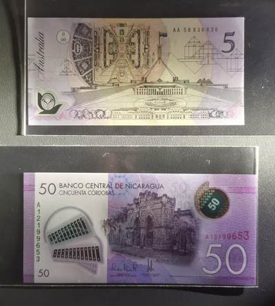 《张总收藏》181期-外币精品百拍特别场 (2张首发)澳大利亚1992年初版首发AA冠5元UNC无47 Pick#50a/尼加拉瓜2014年A冠50科多巴无47 Pick#211