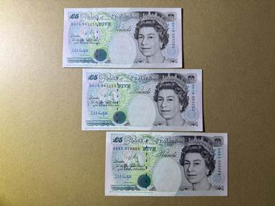 《张总收藏》181期-外币精品百拍特别场 英格兰5镑3张 UNC E序列 边缘轻微荧光 全程无47