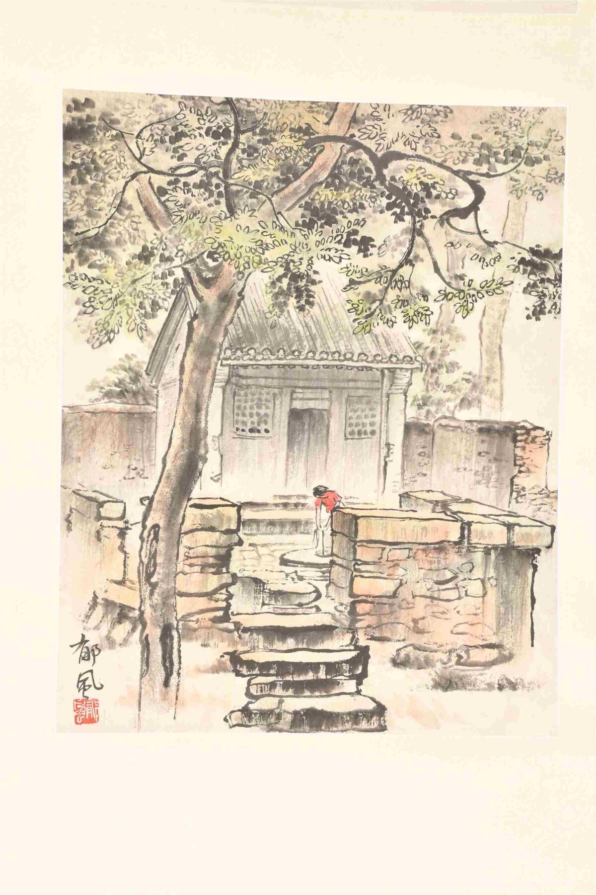 承乾2024年秋季文物艺术品拍卖会 郁风 风景人物双挖 设色纸本立轴 36*27cm*2