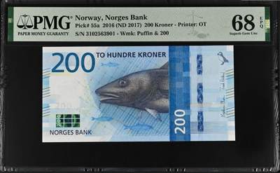 《张总收藏》181期-外币精品百拍特别场 挪威2016年200克朗PMG68E亚军分无47 鳕鱼 冠军69分仅7张