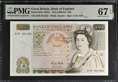 《张总收藏》181期-外币精品百拍特别场 英国D序列1988-91年50镑PMG67E亚军分无4号码整齐 Gill签名 Pick#381b 冠军68分仅1张
