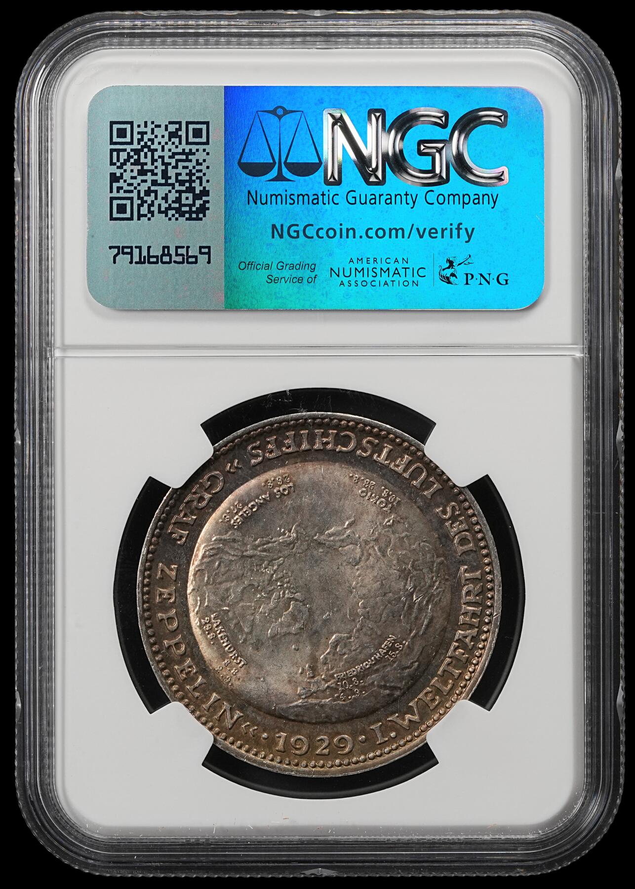 修遠堂世界钱币第五十二期 全场包邮 NGC MS63 1929年德国齐柏林飞艇环球航行纪念银章 五彩