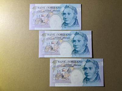 《张总收藏》181期-外币精品百拍特别场 英格兰5镑3张 UNC E序列 边缘轻微荧光 全程无47