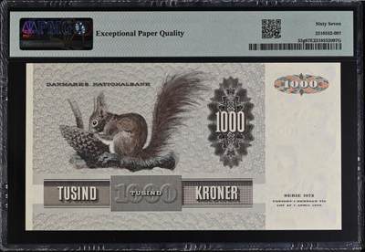 《张总收藏》181期-外币精品百拍特别场 丹麦1992年1000克朗最高值PMG67E高分 名誉品大松鼠 顶级雕刻 栩栩如生 Pick#53g