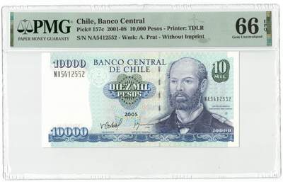 《张总收藏》181期-外币精品百拍特别场 智利10000比索 PMG66E 2005年 智利海军将领普拉特
