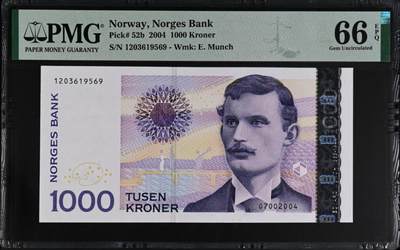 《张总收藏》181期-外币精品百拍特别场 挪威2004年1000克朗最高值PMG66E长号段无47 挪威表现主义画家爱德华·蒙克 Pick#52b