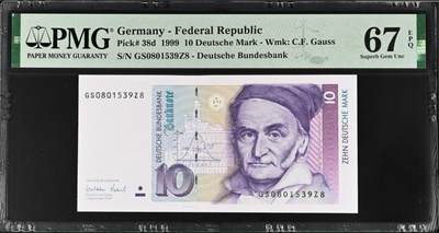 《张总收藏》181期-外币精品百拍特别场 德国1999年10马克PMG67E无47靓号尾8，少见Pick#38d，数学王子高斯