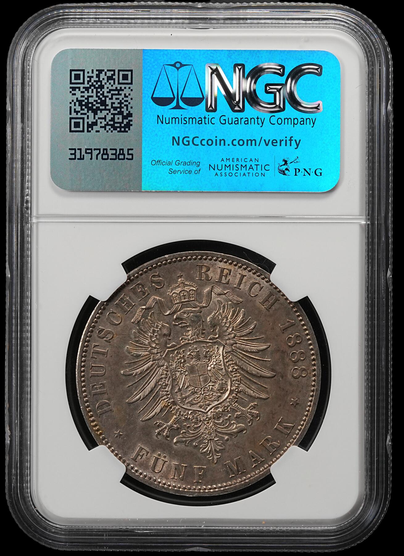 修遠堂世界钱币第五十二期 全场包邮 NGC MS62 1888年普鲁士腓特烈三世5马克大银币 人像面重紫罗兰包浆