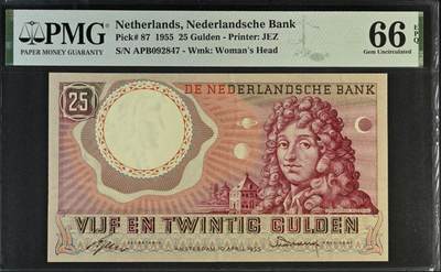 《张总收藏》181期-外币精品百拍特别场 荷兰1955年25盾PMG66E 惠更斯，荷兰物理学家、天文学家，Pick#87