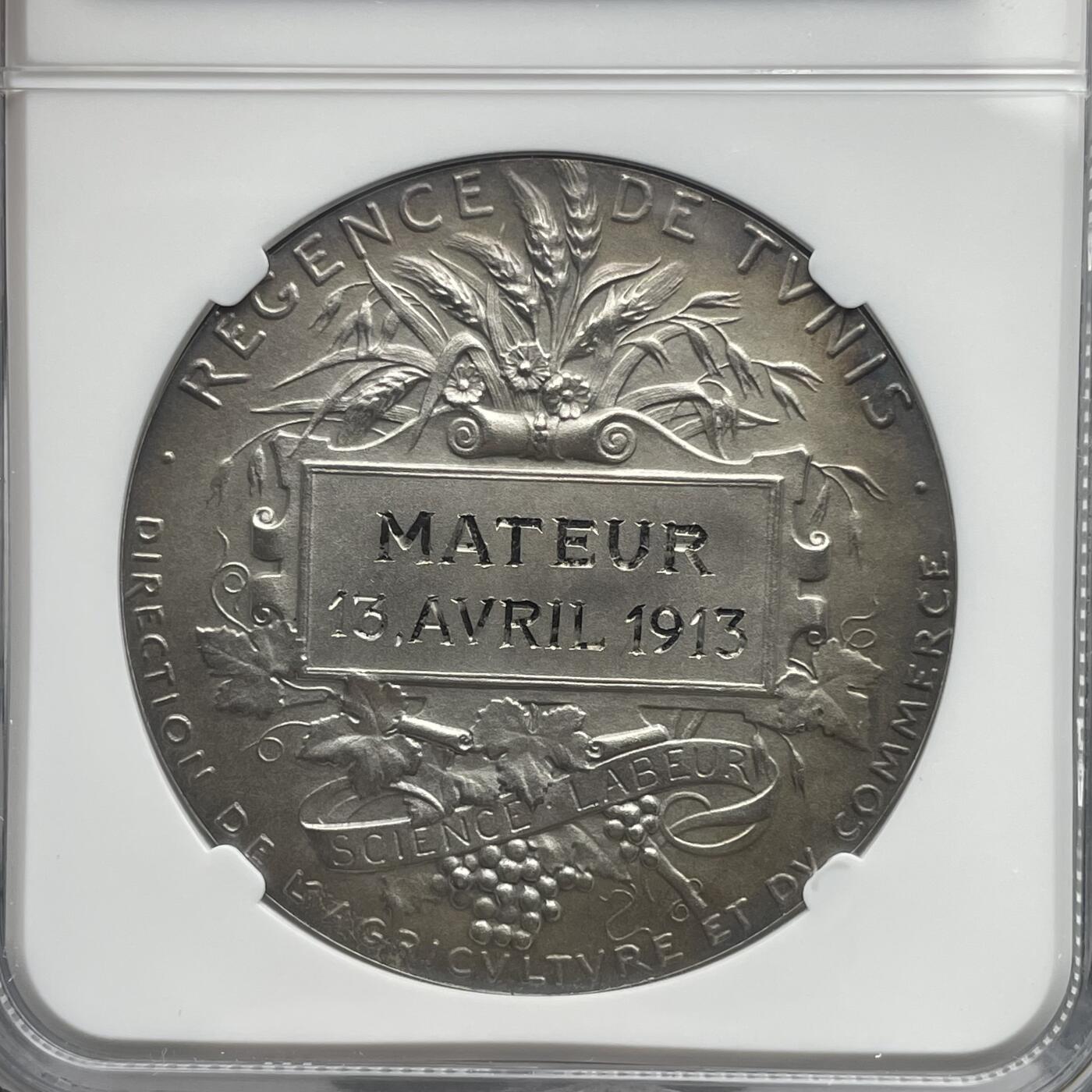 「木头集藏」章牌精品专场！ Alphée Dubois～1913年法属突尼斯农业和贸易局银章,MS64，直径：41mm，36g ，顶级品相。少见的法属突尼斯版本，与普通版本的区别在于正面有一个代表突尼斯的星月图案，背面也有突尼斯TUNIS的字样。 突尼斯于1881年被法国侵占首都后，彻底沦为法国殖民地，直到1955年才重新获得独立。