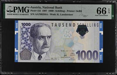《张总收藏》181期-外币精品百拍特别场 奥地利1997年少见AAA冠1000先令PMG66E无4尾8，免疫学家兰德斯泰纳