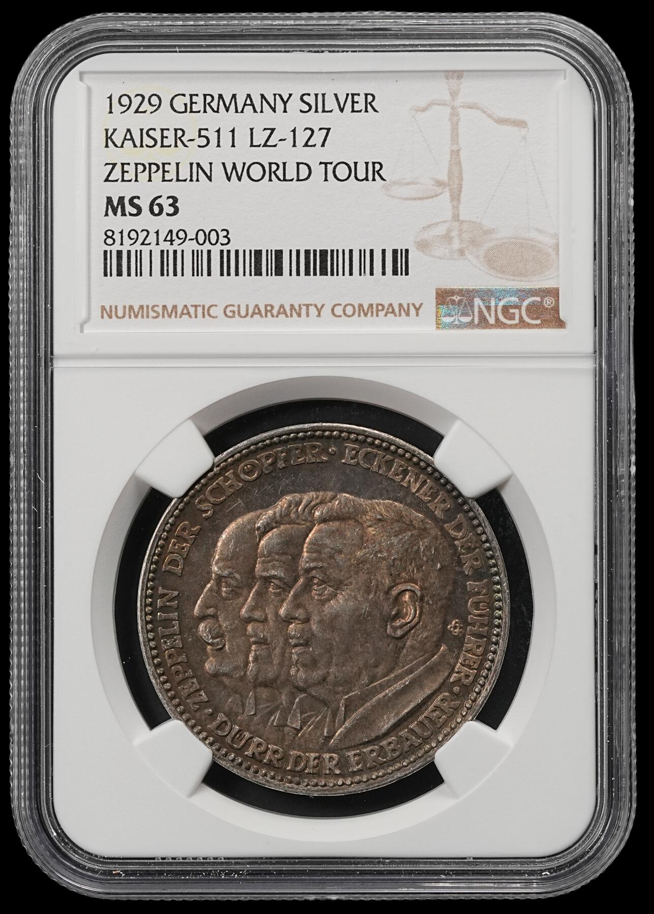 修遠堂世界钱币第五十二期 全场包邮 NGC MS63 1929年德国齐柏林飞艇环球航行纪念银章 五彩