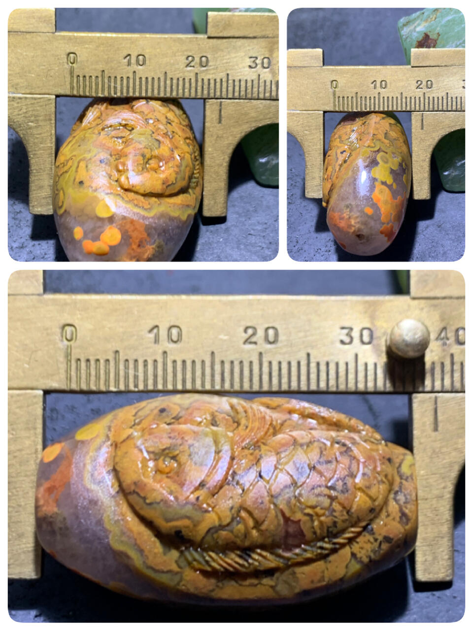 精美亚光冰飘草花纹战国红玛瑙手工俏色巧雕鲤鱼桶珠一个，
