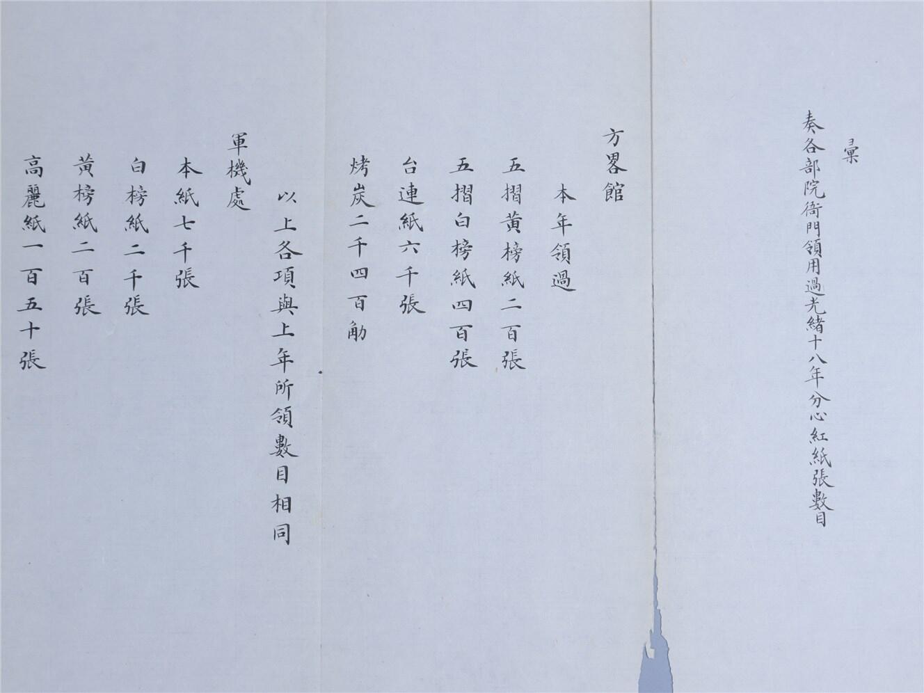 承乾2024年秋季文物艺术品拍卖会 清光绪 内务府关于宫廷用纸记录表 纸本折页 123.2*30.2cm
