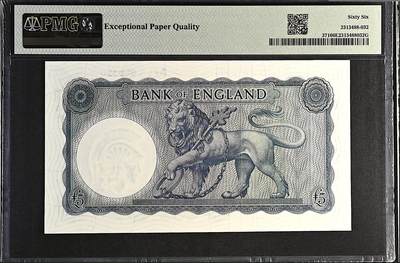 《张总收藏》181期-外币精品百拍特别场 格兰5镑 PMG66E B序列 1957年初版 更稀少的实心版 无3547
