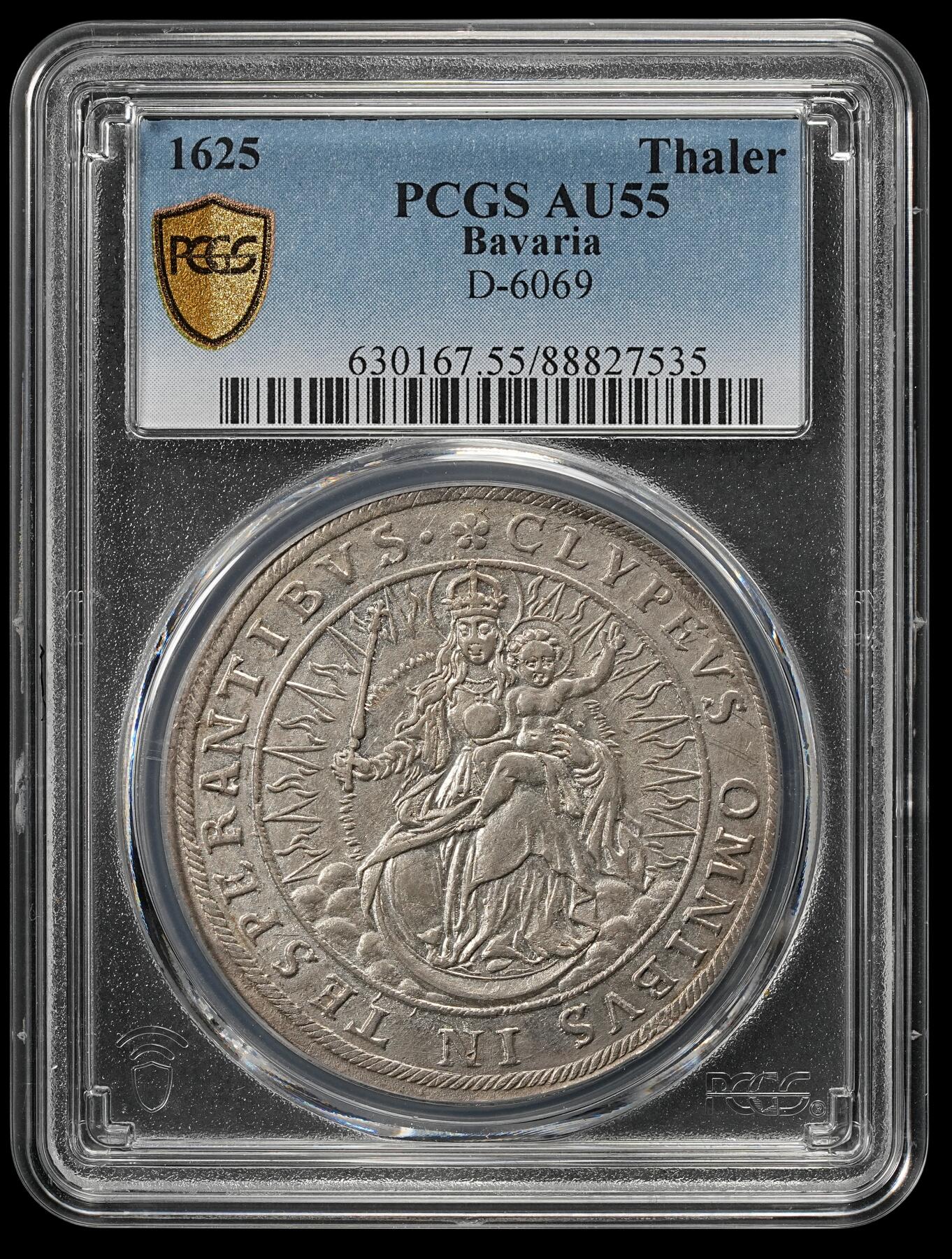 修遠堂世界钱币第五十二期 全场包邮 PCGS AU55 1625年巴伐利亚圣母抱婴泰勒大银币 少见的早期泰勒