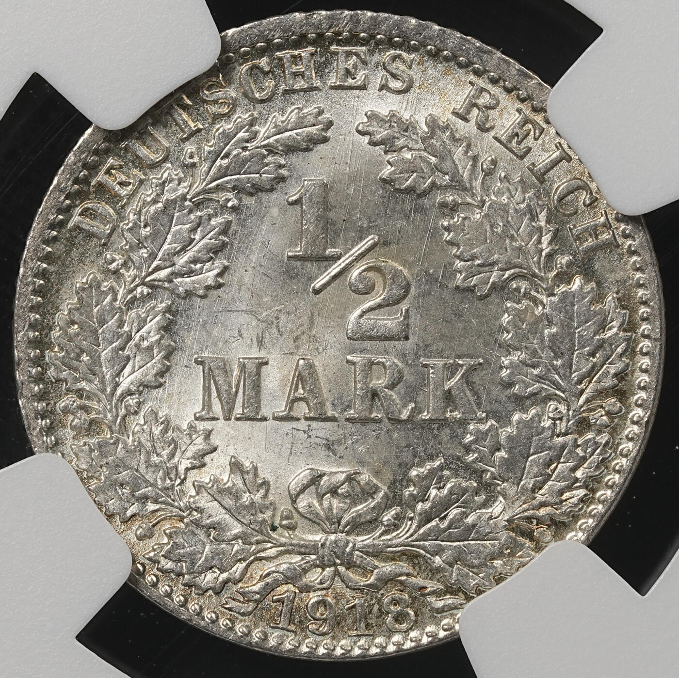修遠堂世界钱币第五十二期 全场包邮 NGC MS65 1918年德国1/2马克银币 D厂铭