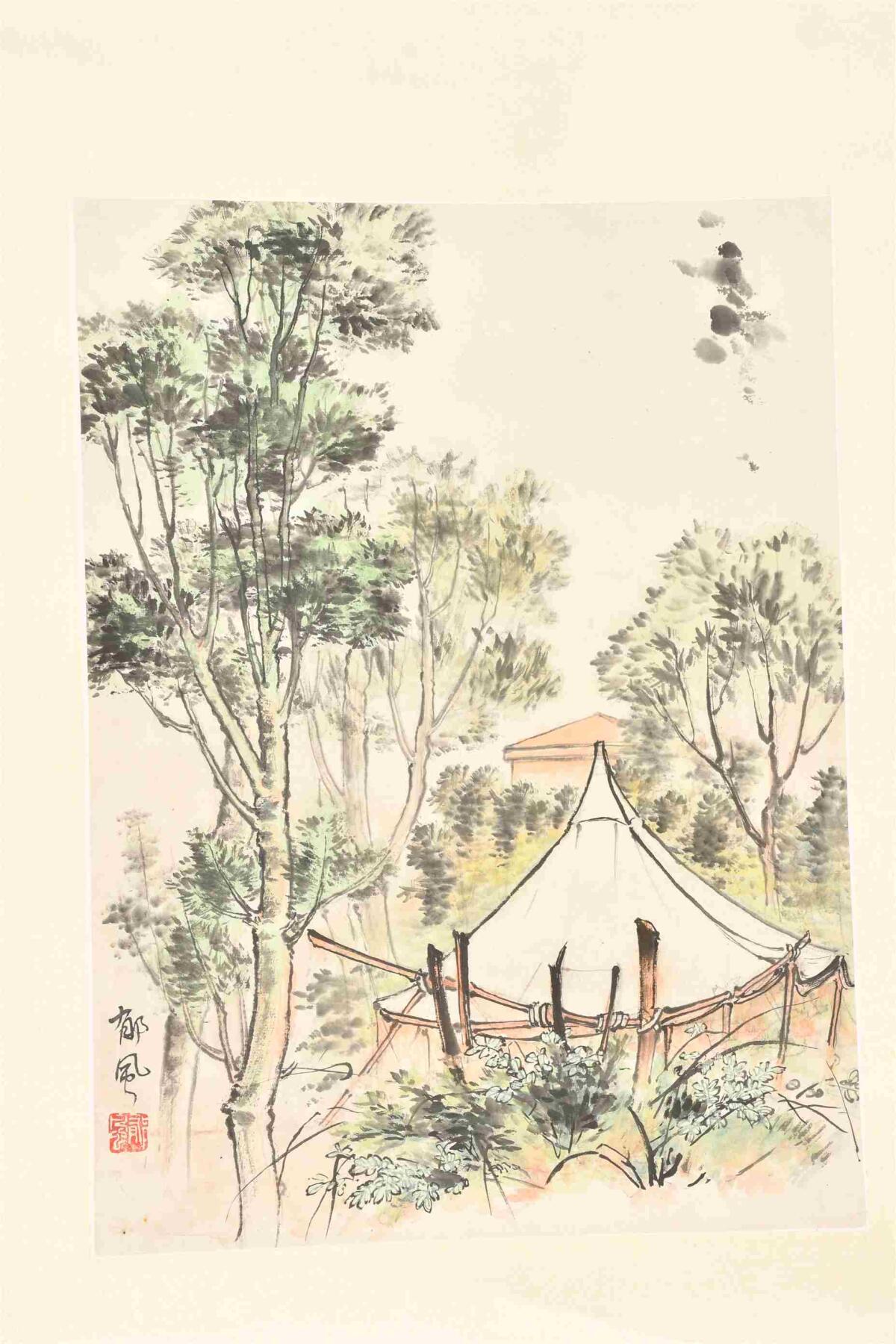 承乾2024年秋季文物艺术品拍卖会 郁风 风景人物双挖 设色纸本立轴 36*27cm*2