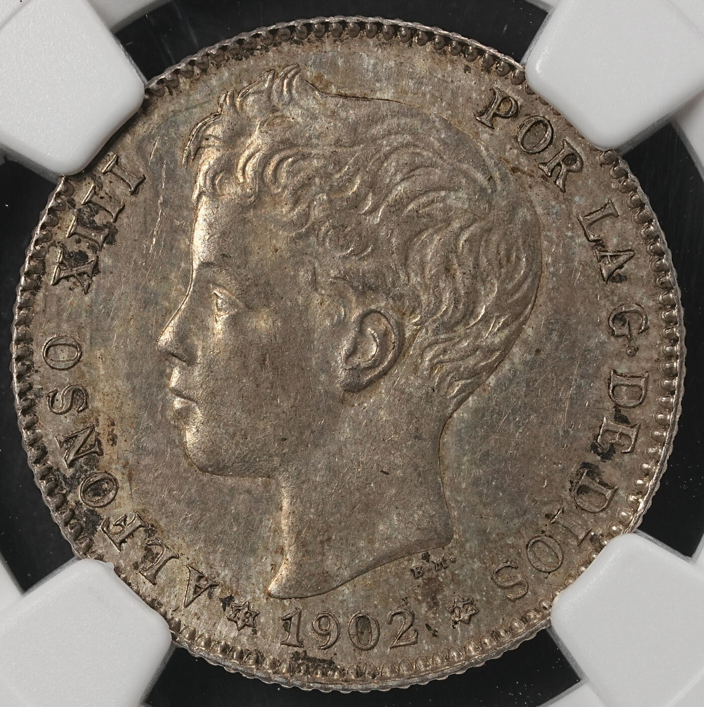 修遠堂世界钱币第五十二期 全场包邮 NGC MS62 1902年西班牙1 PESETA双柱银币 少见的年份