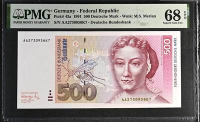 《张总收藏》181期-外币精品百拍特别场 德国500马克 PMG68E 1991年 德国女画家梅里安 AA冠无4