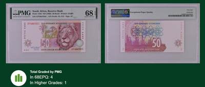 《张总收藏》181期-外币精品百拍特别场 南非1992年50兰特PMG68E亚军分 冠军69分仅1张 狮子