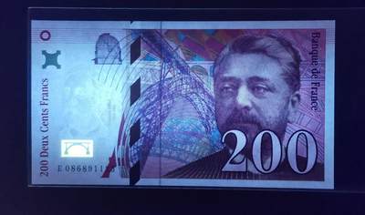 《张总收藏》181期-外币精品百拍特别场 法国1999年200法郎UNC长号段无347 法国工程师埃菲尔及他设计的埃菲尔铁塔 Pick#159c