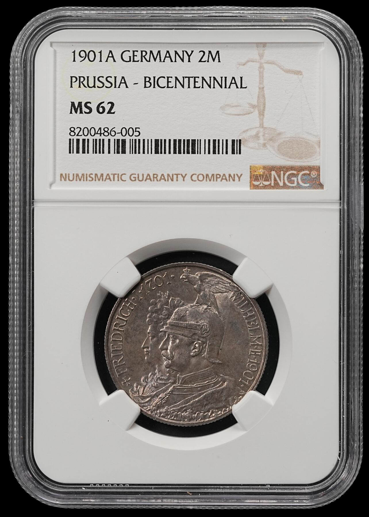修遠堂世界钱币第五十二期 全场包邮 NGC MS62 1901年普鲁士建国200周年2马克银币
