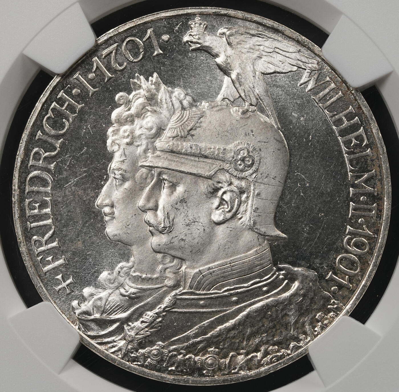 修遠堂世界钱币第五十二期 全场包邮 NGC MS65 1901年普鲁士建国200周年5马克大银币 图案凝霜感明显 有PL风