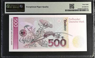 《张总收藏》181期-外币精品百拍特别场 德国500马克 PMG68E 1991年 德国女画家梅里安 AA冠无4