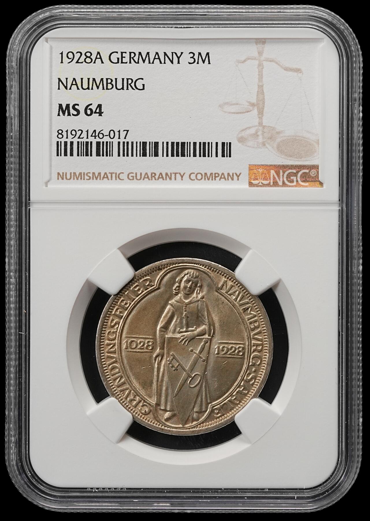 修遠堂世界钱币第五十二期 全场包邮 NGC MS64 1928年德国魏玛政府-纽伦堡建城900周年3马克纪念银币 少见品种 仅铸造10万枚