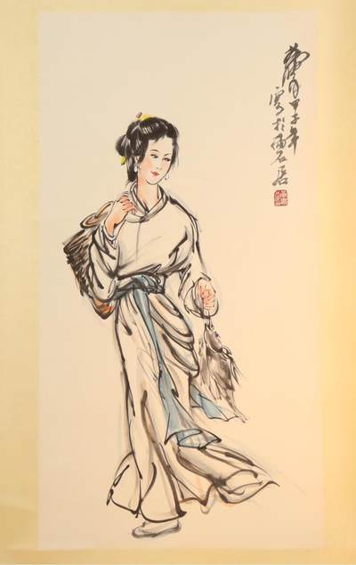 近现代 黄胄 得鱼图 设色纸本立轴 89*46cm