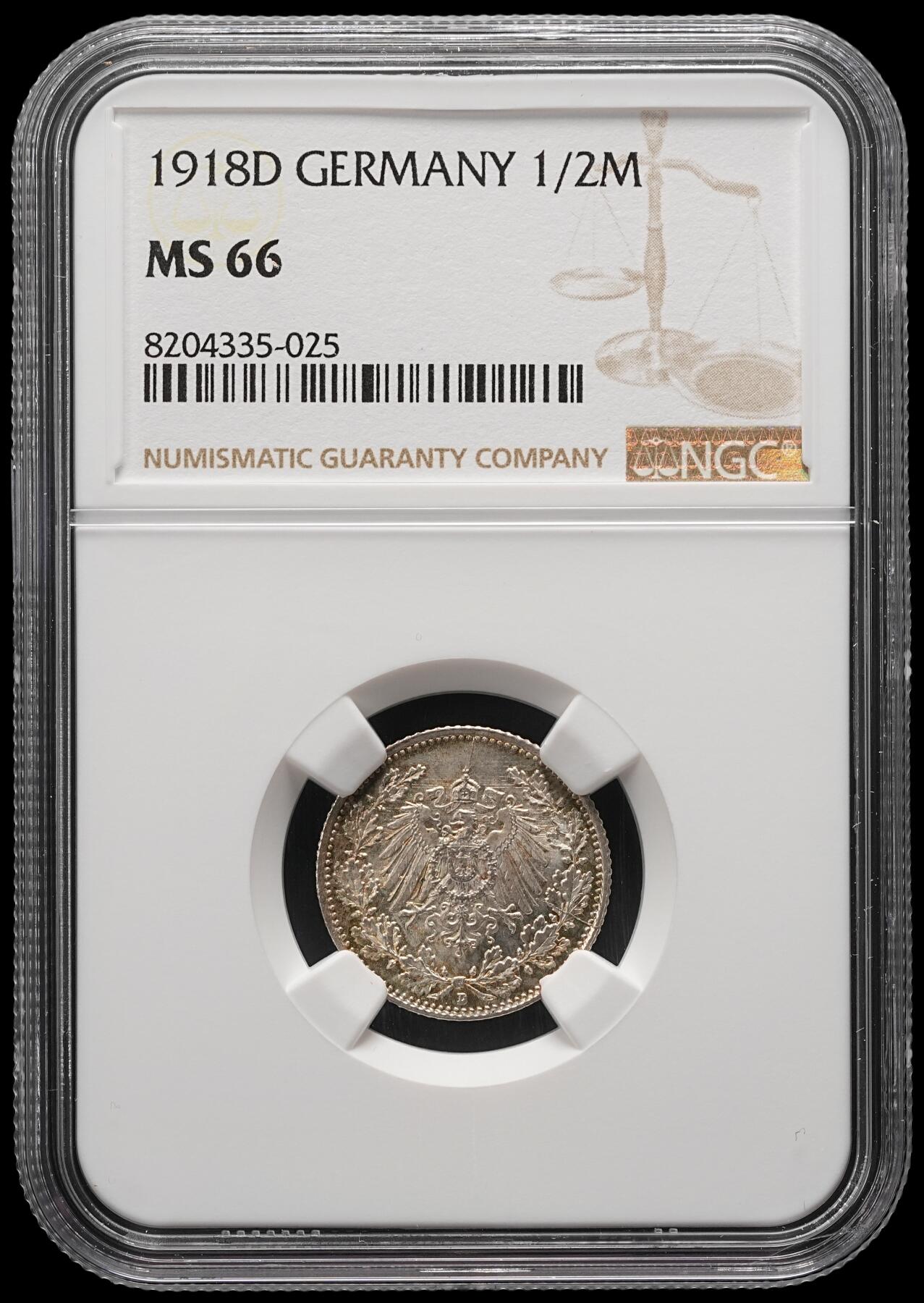 修遠堂世界钱币第五十二期 全场包邮 NGC MS66 1918年德国1/2马克银币 D厂铭