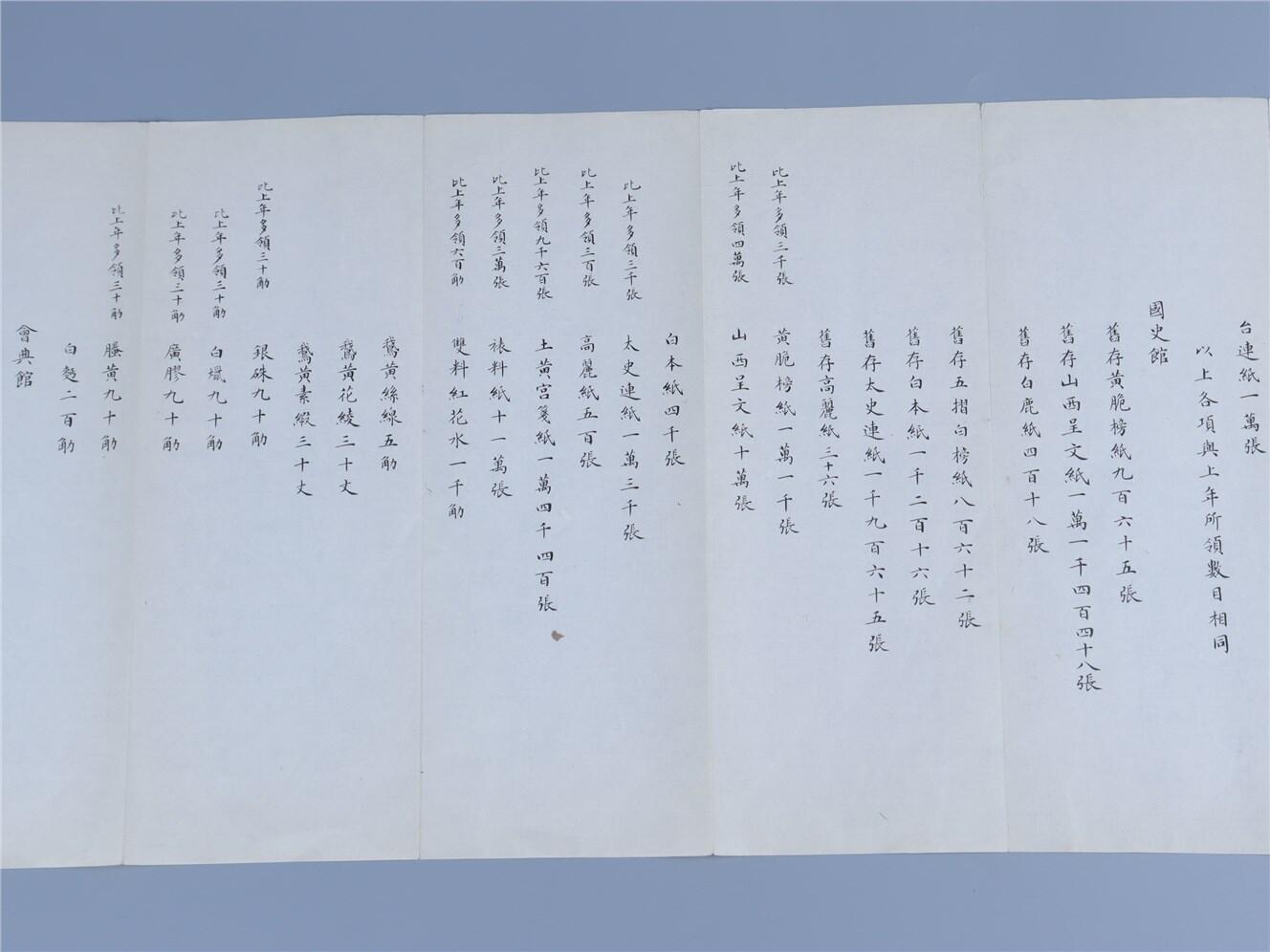 承乾2024年秋季文物艺术品拍卖会 清光绪 内务府关于宫廷用纸记录表 纸本折页 123.2*30.2cm
