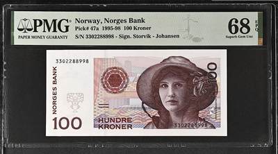 《张总收藏》181期-外币精品百拍特别场 挪威100克朗 PMG68E 1995年 初版首发年a版 挪威女高音歌唱家弗拉斯达德 无47