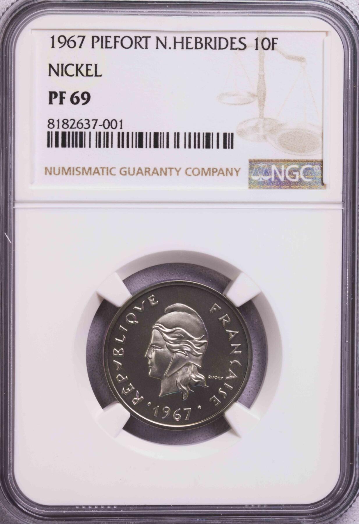 NGC-PF69 1967新赫布里底10法郎镍加厚样币 顶级品