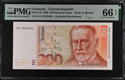 《张总收藏》181期-外币精品百拍特别场 德国1989年AA冠200马克PMG66E 德国医学家埃尔利希
