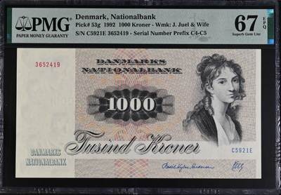 《张总收藏》181期-外币精品百拍特别场 丹麦1992年1000克朗最高值PMG67E高分 名誉品大松鼠 顶级雕刻 栩栩如生 Pick#53g