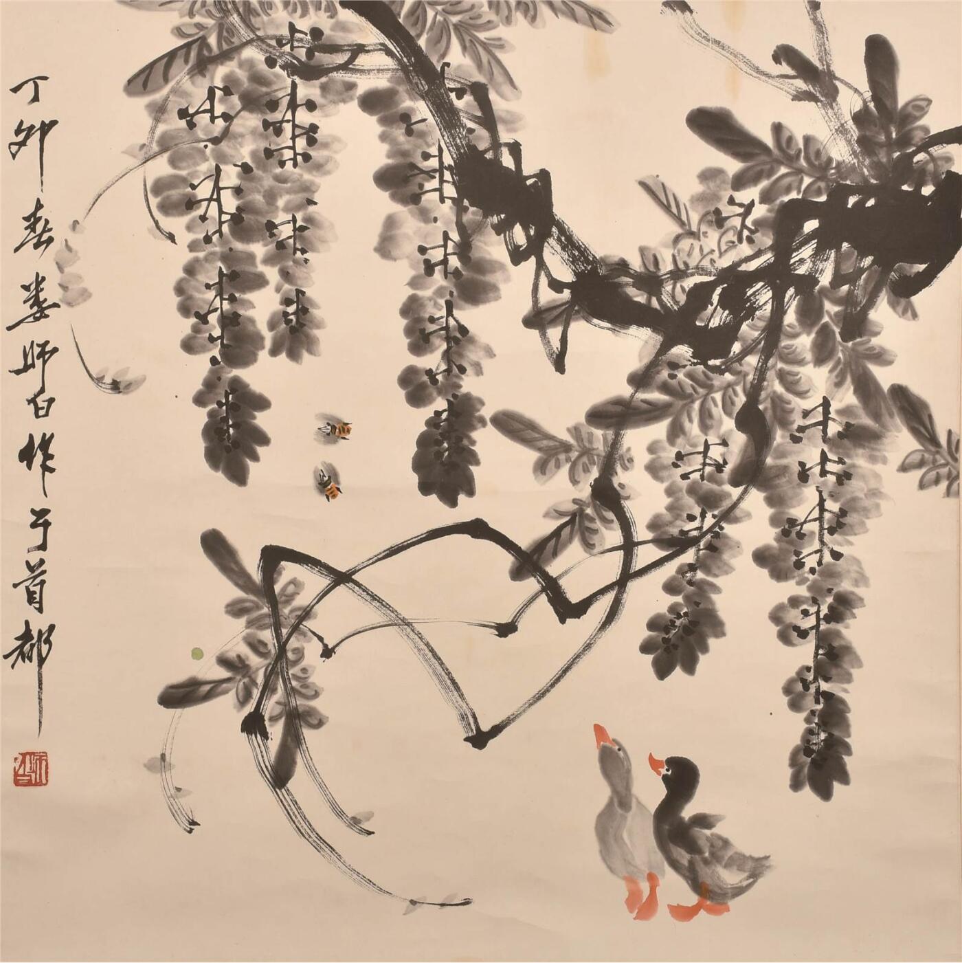 承乾2024年秋季文物艺术品拍卖会 娄师白 紫藤小鸭 纸本立轴 67×67cm