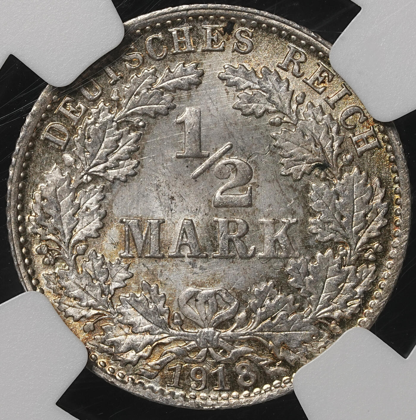 修遠堂世界钱币第五十二期 全场包邮 NGC MS66 1918年德国1/2马克银币 D厂铭