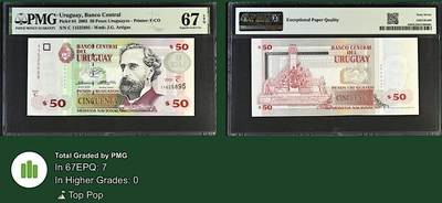 《张总收藏》181期-外币精品百拍特别场 乌拉圭50比索 PMG67E 2003年 无47 冠军分