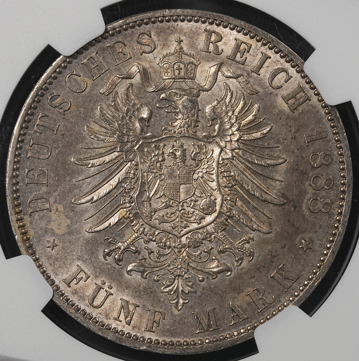 修遠堂世界钱币第五十二期 全场包邮 NGC MS62 1888年普鲁士腓特烈三世5马克大银币 人像面重紫罗兰包浆