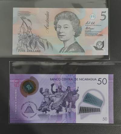 《张总收藏》181期-外币精品百拍特别场 (2张首发)澳大利亚1992年初版首发AA冠5元UNC无47 Pick#50a/尼加拉瓜2014年A冠50科多巴无47 Pick#211