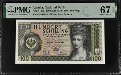 《张总收藏》181期-外币精品百拍特别场 奥地利1969年100先令PMG67E高分无47尾8 女画家考夫曼