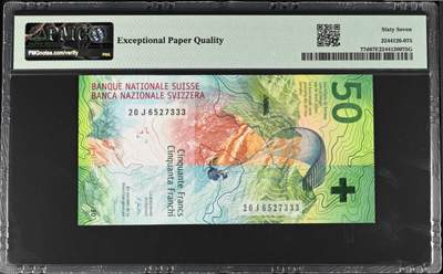 《张总收藏》181期-外币精品百拍特别场 瑞士2020年50法郎PMG67E高分无4豹子333 瑞士经典手版 配色艳丽 防伪出众