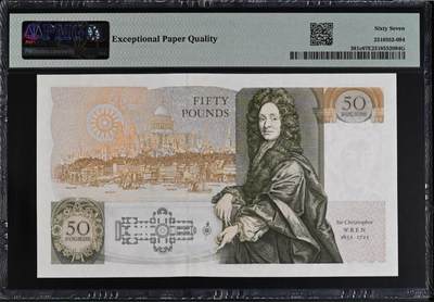 《张总收藏》181期-外币精品百拍特别场 英国D序列1991-93年50镑PMG67E亚军分无47 背面克里斯托弗·雷恩爵士，Pick#381c 冠军68分仅3张