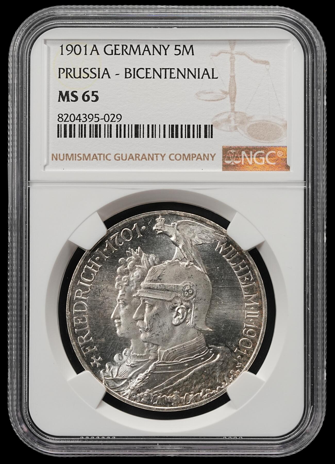 修遠堂世界钱币第五十二期 全场包邮 NGC MS65 1901年普鲁士建国200周年5马克大银币 图案凝霜感明显 有PL风